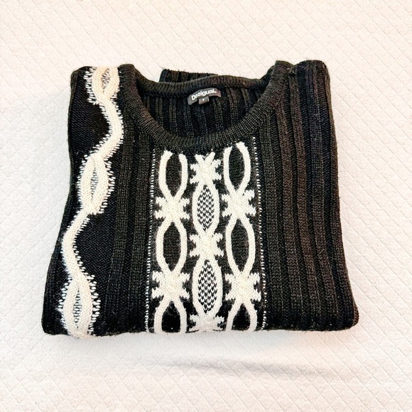 Desigual Brixton Black & White Knit Long Sleeve Sweater Size Small - Picture 2 of 7